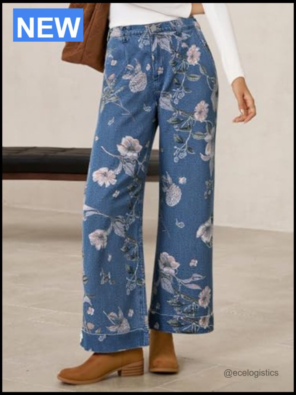 Baggy Wide Leg Jeans Floral High Waisted Boho Denim Pants - Picture 3 of 7